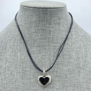 Premier Designs Pendant Necklace Black Leather Cord Silver Tone Rhinestone Heart